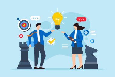 Ortaklık stratejisi, tanımlama ve oluşturma, işbirlikçi iş girişimleri konsept vektör çizimi. Analist ekibi yeni bir fikri tartışıyor