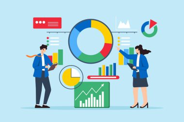 Sorun çözme ve çözüm bulma verilerini analiz eden iki profesyonelin düz çizimi