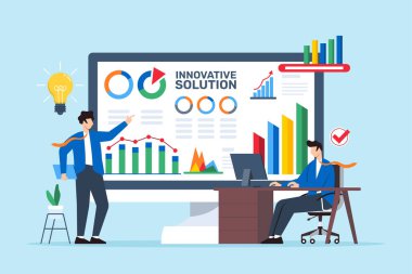 Bilgisayar ekranında yenilikçi çözümlerle sorun analizi yapan iki adamın düz çizimi