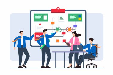 Takım üyelerinin, beyaz tahtada stratejik sorun çözme sorunlarını ele alan düz çizimi