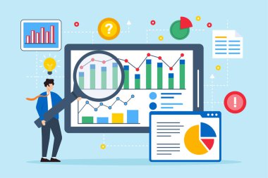 Tablet ekranındaki sorunu çözmek için büyüteçle veri analiz eden iş adamının düz çizimi