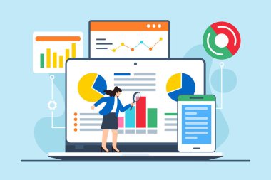 Çözüm bulmak için geniş dizüstü bilgisayar ekranında büyüteç kullanarak bilgi inceleyen kadının düz çizimi