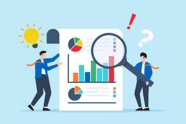 İki iş adamının, bir kağıt parçasındaki cevaplar için büyüteçle bilgi incelerkenki düz çizimi