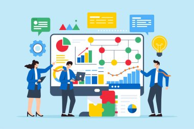 Bilgisayar ekranında karmaşık problemleri çözümlemek ve çözmek için teknolojiyi kullanan ekibin düz çizimi