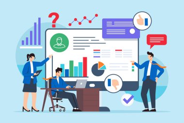 Bilgisayar ekranındaki müşteri hizmetleri sorunlarını çözmek için anket verilerini değerlendiren takımın düz çizimi