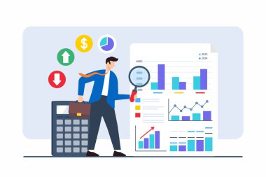 Cevapları bulmak için rakamların grafikleri ve grafikleriyle belgeleri analiz eden işadamının düz çizimi