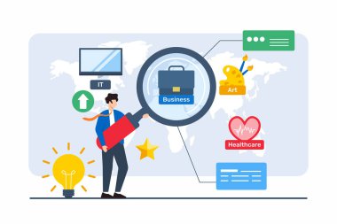 Büyüteçle haritadaki çeşitli kariyer fırsatlarını inceleyen kişinin düz çizimi