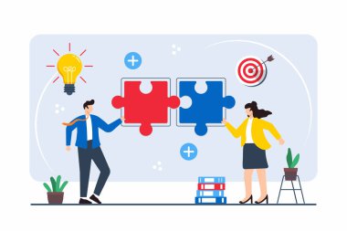 İş ortaklıklarını temsil eden iki yapboz parçasını birleştiren meslektaşların düz çizimi