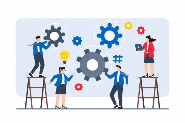 stock vector Flat illustration of employees piecing together complex business strategy with gear icons