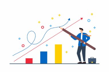 Stratejik kariyer değişimi ve büyümeyi sembolize eden noktalı çizginin üzerinden yeni bir yol çizen işadamının düz çizimi