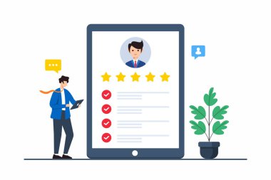 Müşteri geribildirimi ve memnuniyet oranlarını değerlendirmek için dijital tablet kullanan kişinin düz çizimi