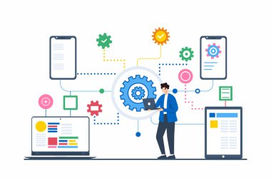 Kusursuz platformlar arası veri senkronizasyonu için API entegre eden geliştiricinin düz çizimi