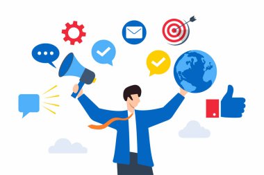 Virüs pazarlama elementleri taşıyan iş adamlarının düz çizimi