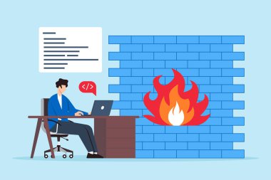 Bilgisayarında siber güvenlik duvarı olan bilgisayar korsanının daktilo kodunun düz çizimi