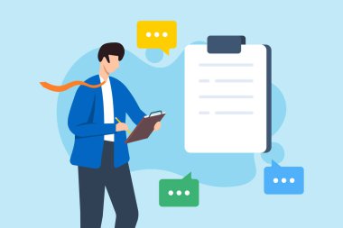 İş adamının düz illüstrasyonu müşteri gereksinimlerini tartışmadan yazıyor