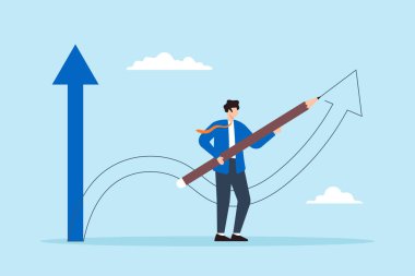 İş adamının düz çizimi, daha iyi bir kariyer fırsatı için yön değiştirmeyi sembolize eden yeni bir ok çiziyor