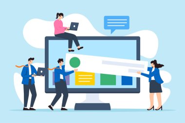 İş dünyasının düz illüstrasyonu, bilgisayar ekranında web pankartı oluşturan insanlar taşıyor