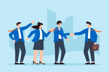 İşadamı yöneticisinin düz çizimi, yeni personeli ilk günlerinde meslektaşlarıyla tanıştıran el sıkışmalarıyla karşıladı