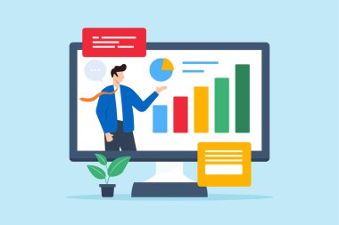 Çevrimiçi sunum sırasında işadamının düz çizimi bilgisayar ekranında finansal uzmanlığı tartışan verileri sunar