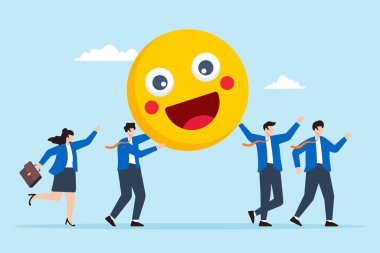 İş dünyasının düz çizimi insanlar gülümser mutlu emoji taşır çalışan memnuniyetini ve işyerindeki mutluluğu temsil eder