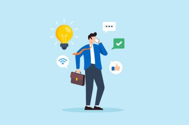 Zeki iş adamının düz çizimi, telefonun iyi iletişim becerilerini geliştirmesi üzerine görüşlerini anlatıyor.