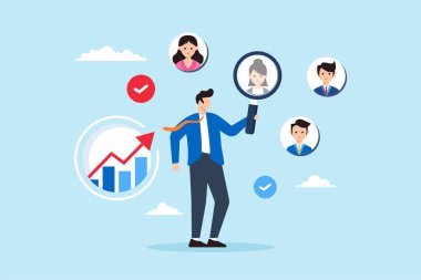 Büyüteçle iş adamının düz çizimi müşteri merkezli pazarlama stratejisini gösteren kullanıcılara veya istemcilere odaklanıyor