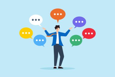 Birden fazla konuşma baloncuğuyla iş adamı konuşmalarının düz çizimi sözlü iletişim becerilerini sergiliyor