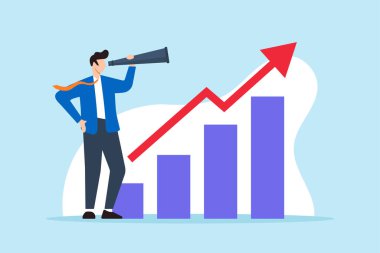 İş adamının düz çizimi teleskopla büyüme grafiği diyagramına bakıyor. Ekonomik artış öngörüyor. Kar büyütme yatırımları gelişiyor.