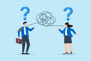 İki iş arkadaşının karmaşık bir çizgiyle iletişim kurmasının düz bir çizimi. Soru işareti yanlış anlaşılması.