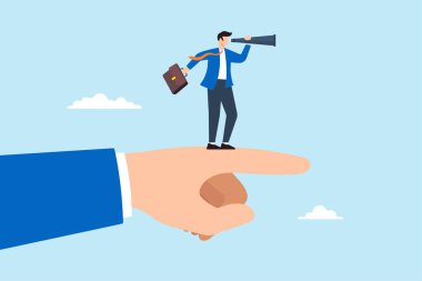 Dev işaret eden parmağın düz çizimi iş adamının teleskopa bakmasına yardımcı oluyor iş yönünü öngörüyor başarı vizyonu ekonomik tahmin gelecekteki strateji hedef kariyer yolu