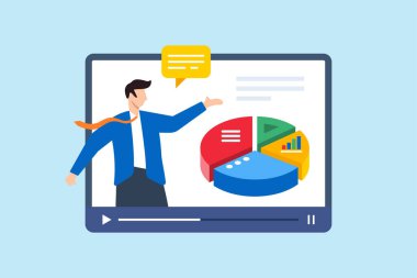 İşadamı uzmanının düz çizimi, video medyası oynatıcısı ve çevrimiçi öğretim kursu işletme stratejisi eğitim videosu hakkında pasta grafiğini açıklıyor