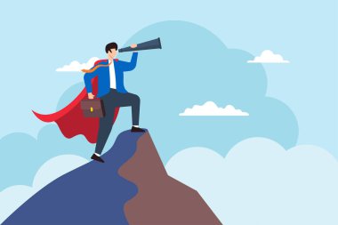 Pelerinli süper kahraman iş adamının düz çizimi teleskopta dağ zirvesinden yeni kariyer hedefini keşfetme fırsatı iş vizyonunu gelecek iş seyahatini görmek için bakın.