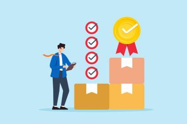 İşadamlarının tasdikli tasviri ürün kalite kontrol qc ile kontrol listesi ve madalya rozeti sertifikalı onay süreci mükemmel servis teslim garantisi veriyor