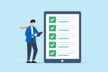 Tablet ekranında iş adamlarının iş kontrol listesinin düz çizimi