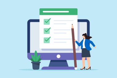 Kadın çalışanın düz çizimi bilgisayar ekranında kalem güncelleme iş listesini tutuyor