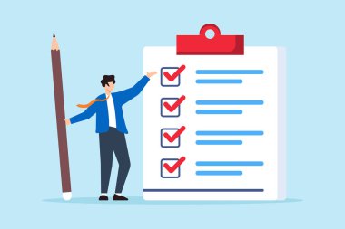 Takım liderinin düz illüstrasyonu, yazdırılmış iş listesindeki ögeleri işaretledi