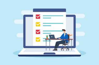 Satış müdürünün düz çizimi ofis masasındaki dizüstü bilgisayardaki iş denetim listesini doldurdu