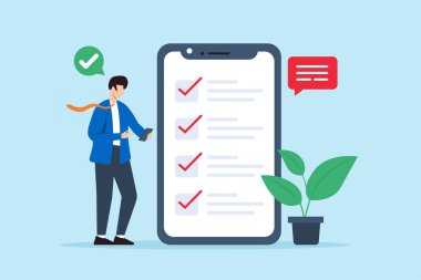 Akıllı telefon ekranında proje yöneticisinin tik iş listesini işaretlemesinin düz illüstrasyonu