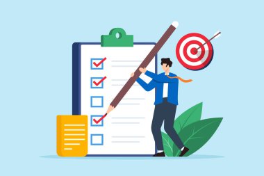 Başlangıç kurucu hedefinin düz illüstrasyonu veya hedef tahtadaki iş kontrol listesinde hedef alınarak hedef alınması