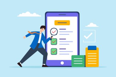 İş analistinin düz çizimi, akıllı telefon ekranındaki uygulamada büyüteçle iş kontrol listesini inceler
