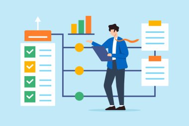 İşletme Yöneticisinin düz illüstrasyonu iş kontrol listesi akış şeması