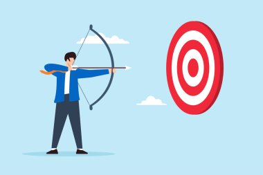 Hedefe ulaşmak için okçuluk yayıyla hedeflenen iş adamının düz çizimi