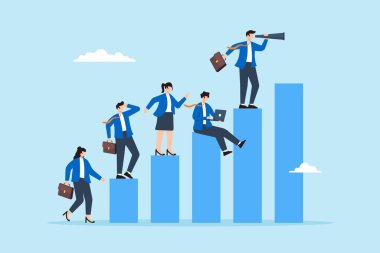 İş dünyasının düz illüstrasyonu çubuk grafik geliştirme büyümesini geliştirmek için işbirliği yapar