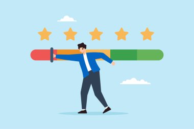 Kızgın bir adamın olumsuz geri bildirim ya da şikayeti sembolize eden memnuniyetsizliği göstermek için derecelendirme çubuğunu aşağı itmesinin düz çizimi