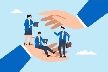 İşadamı el kapağı çalışanının, organizasyon desteği ve işçilerin refahını sembolize eden düz çizimi