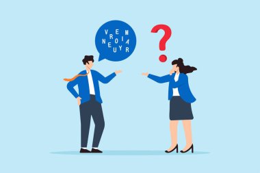 İş adamının düz çizimi, belirsiz mesaj veya kafa karıştırıcı iletişimi sembolize eden karışık bir mektupla konuşuyor.