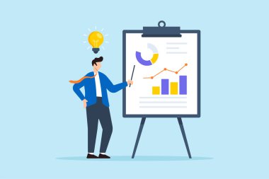 Kendine güvenen iş adamının düz çizimi beyaz tahtada müşteriyi fikre ikna etmek için satış konuşması yapıyor.