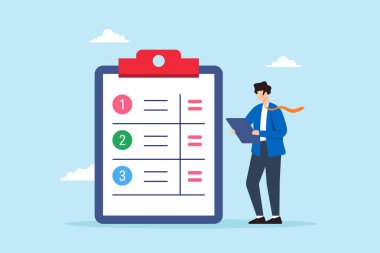 Proje yöneticisinin düz illüstrasyonu. Pano iş yönetimi planlayıcısının önceliğine göre düzenleme görevi.