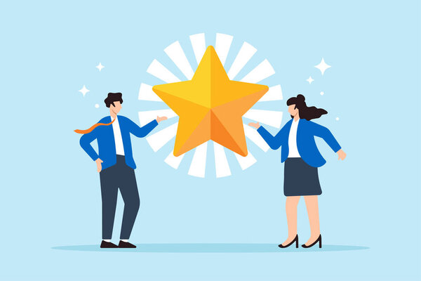 Flat illustration of successful businessman and businesswoman stand with star award symbolizing professional recognition