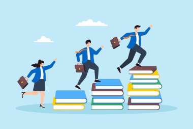 Bilgi ve eğitimi sembolize eden ve iş büyümesine yardımcı olan bir kitap yığınının üzerinde çalışan çalışanların düz çizimi